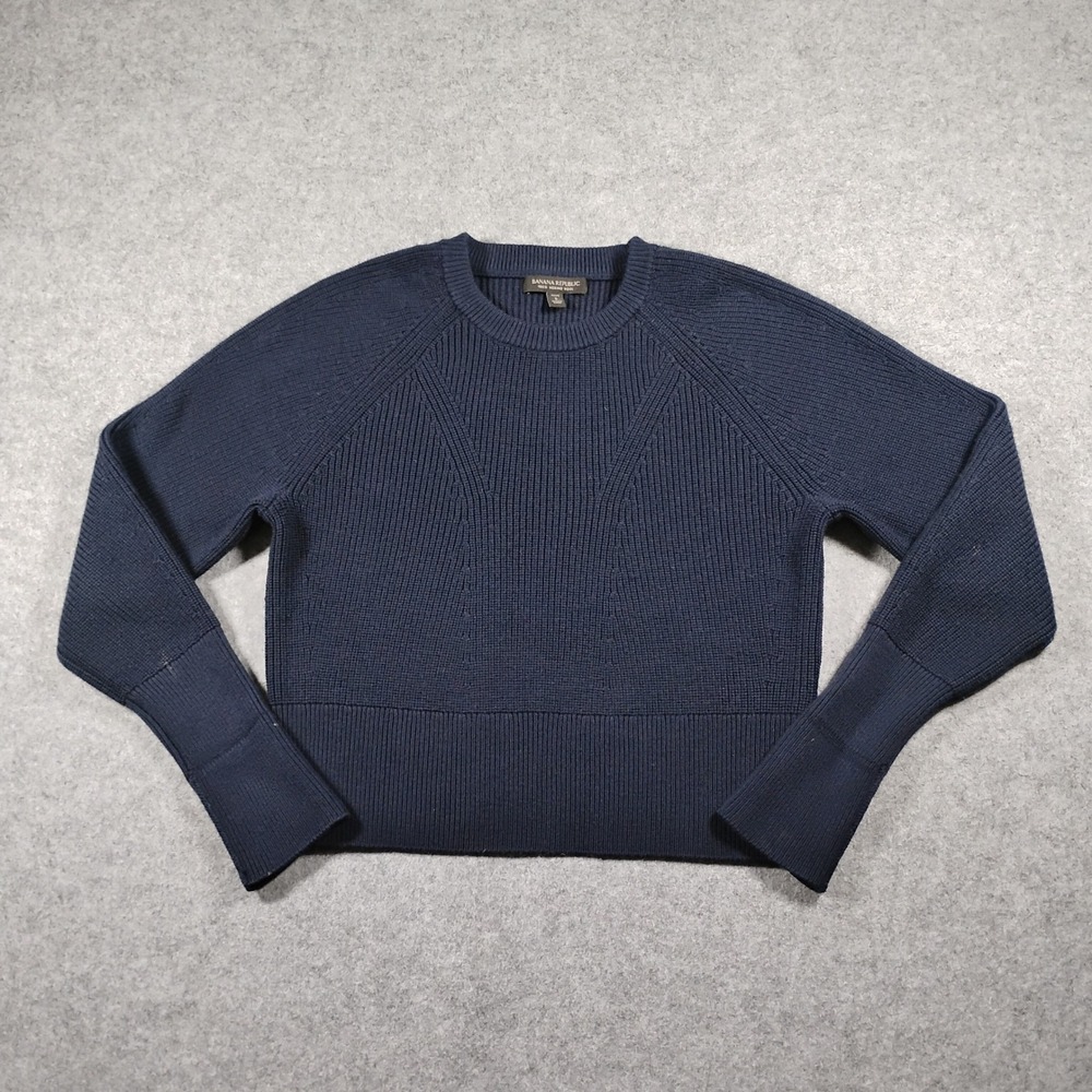 Banana Republic Ribbed Knit Crew Neck Sweater Women Petite Small Navy Blue Wool
